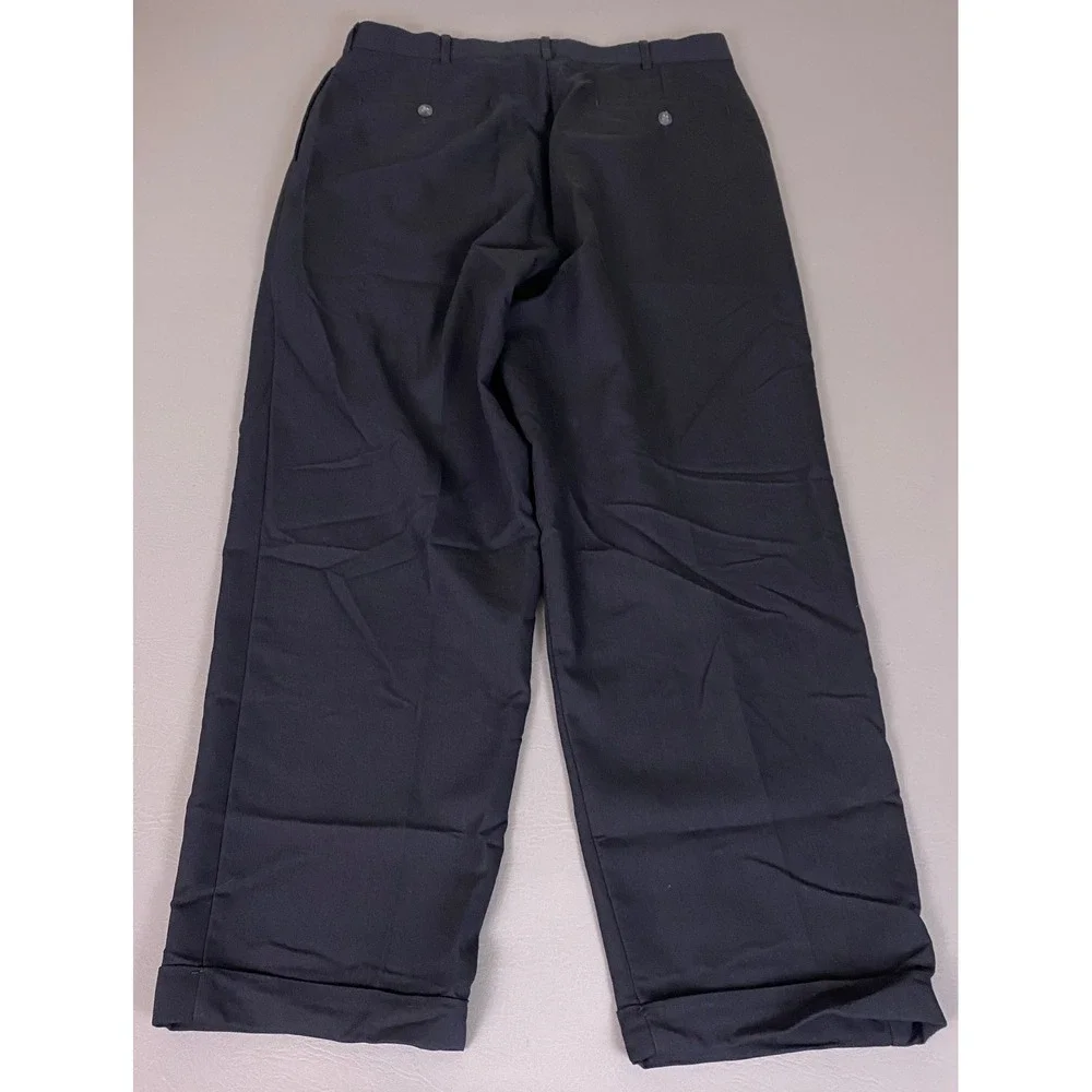 Dress Pants Men's 34x29 Black Pleated Trousers Cuffed Hem Relaxed Fit No Brand‎